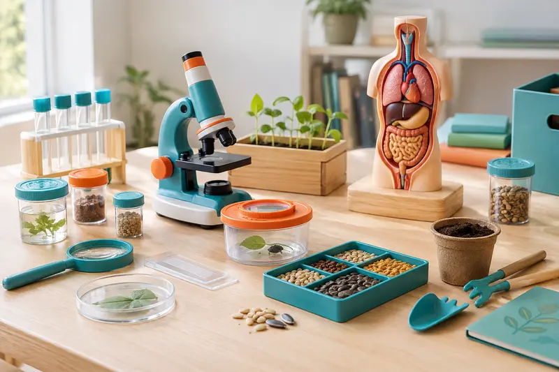 Kits de biologie avec microscope, boîtes d’observation, graines et modèle anatomique
