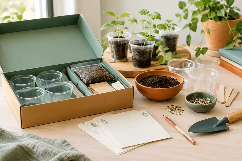 Kit de botanique avec pots transparents, graines et jeunes pousses sur une table