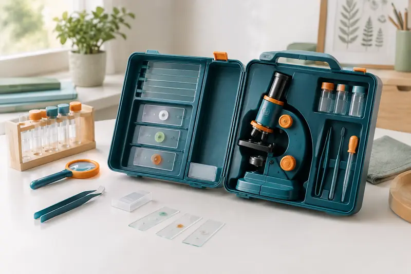 Microscope compact accompagné de lames préparées et d’accessoires dans un coffret