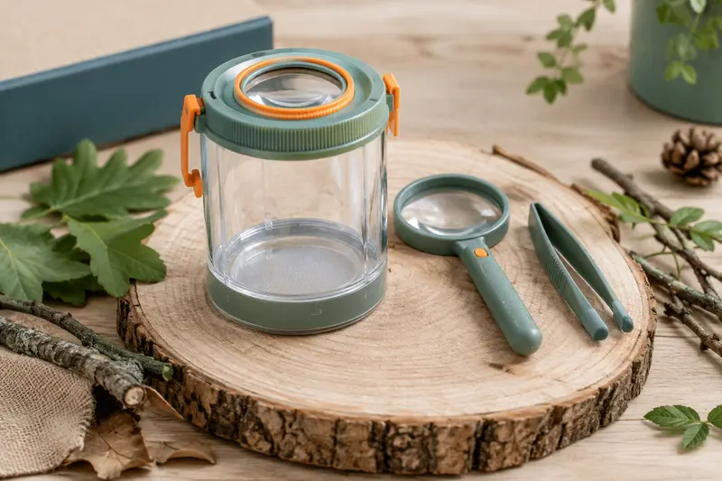 Boîte-loupe transparente, loupe et pince souple réunies dans un kit d’observation
