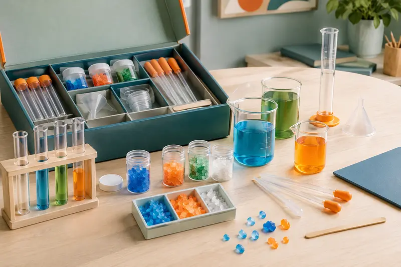 Kits de chimie avec éprouvettes, béchers, pipettes et cristaux colorés
