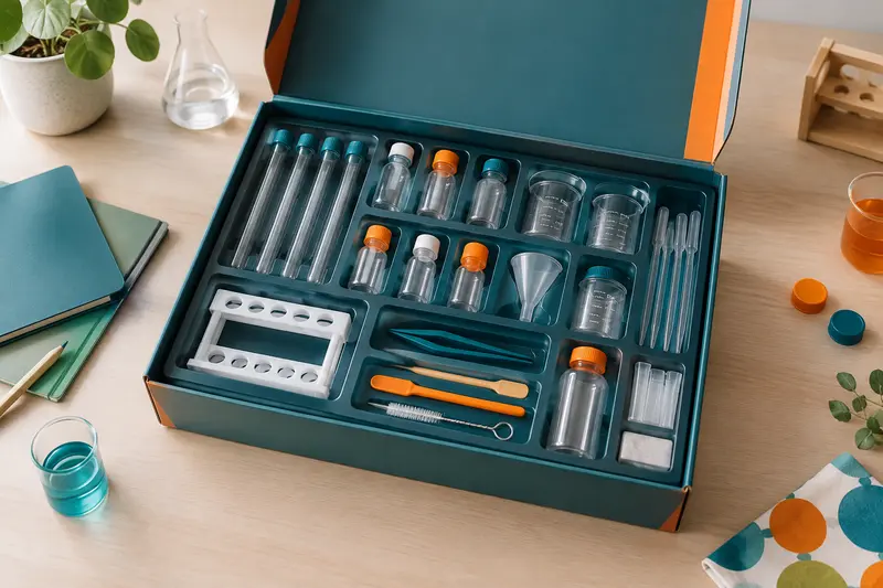 Coffret de chimie ouvert avec éprouvettes, béchers et pipettes rangés