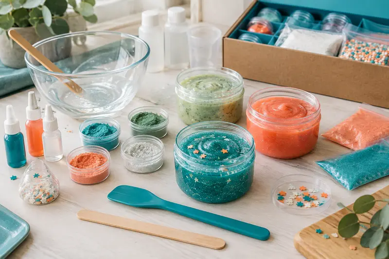 Pots transparents, spatules et ingrédients d’un kit de fabrication de slime