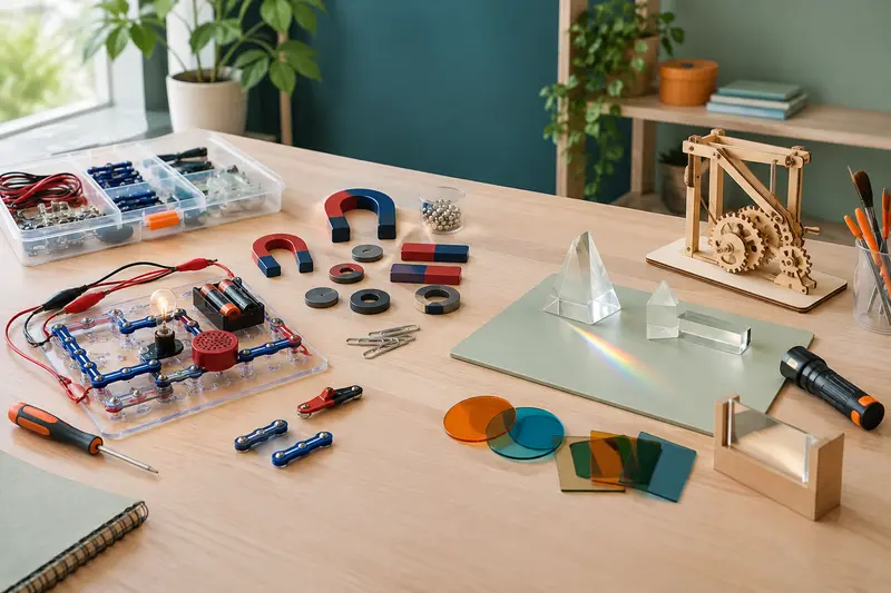 Circuits électriques, aimants, prismes et mécanisme réunis sur une table claire