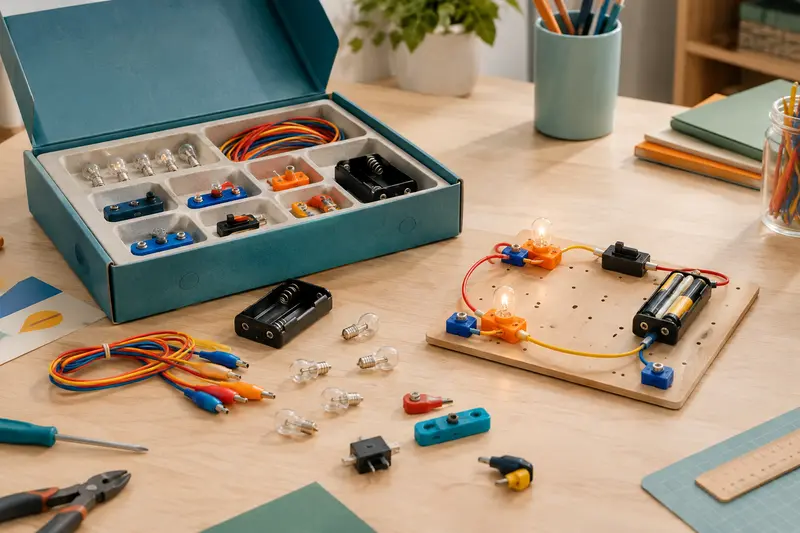 Plaque de montage, fils colorés et composants d’un kit d’électricité éducatif