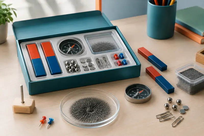 Aimants, boussole et accessoires de test dans un kit de magnétisme