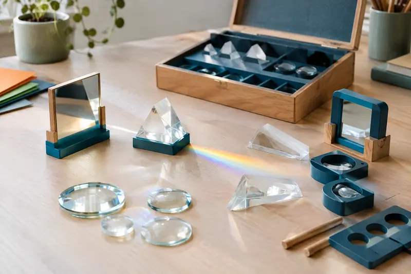 Prismes, lentilles et petits miroirs d’un kit d’expériences d’optique