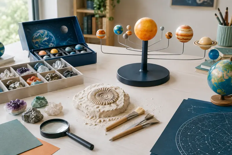Minéraux, moulage de fossile et modèle du système solaire réunis sur une table