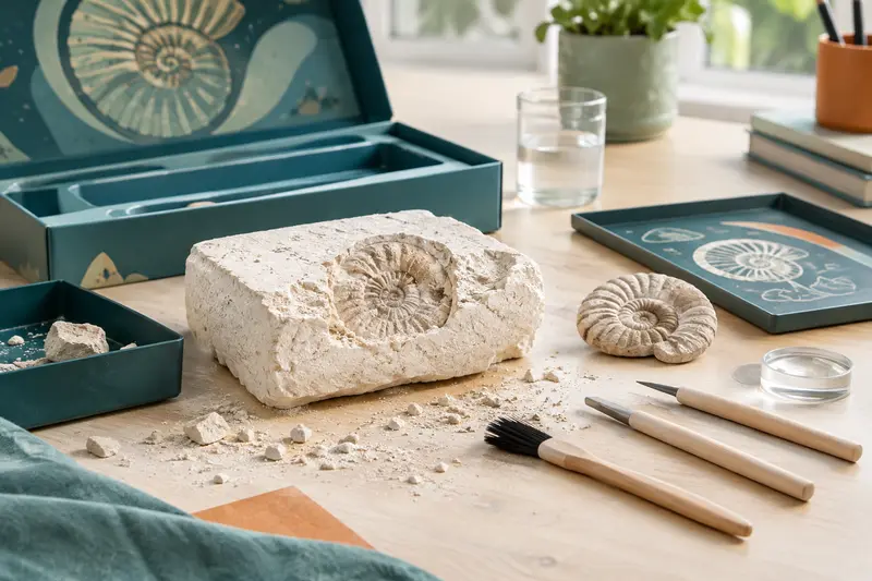 Bloc à dégager, petits outils et moulage de fossile dans un kit de paléontologie