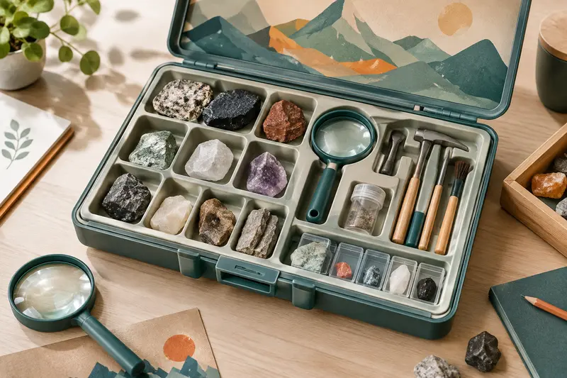 Échantillons de roches, minéraux et loupe dans un coffret de géologie
