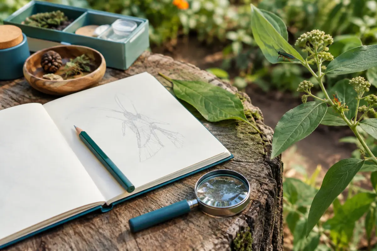 Carnet ouvert, crayon et loupe près d’un insecte posé sur une feuille dans un jardin