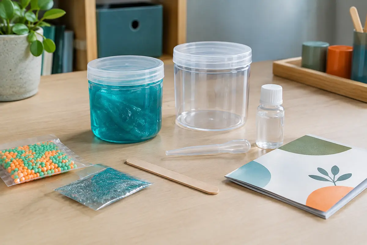 Pot fermé de slime coloré rangé sur une table propre avec des accessoires d’activité.