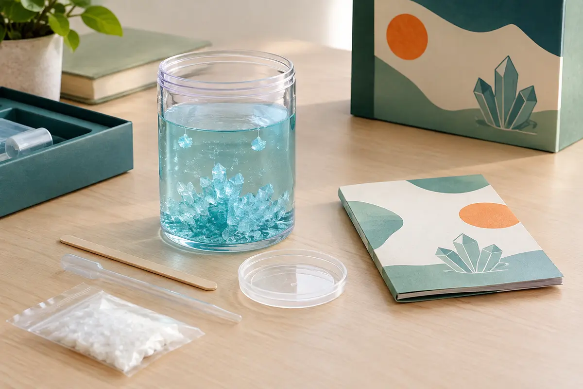 Récipient transparent d’un kit de cristallisation avec quelques cristaux en formation sur une table