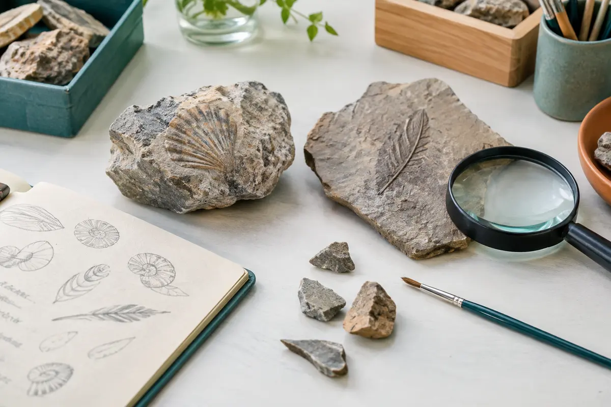 Fossile de coquille et empreinte en creux observés côte à côte avec une loupe