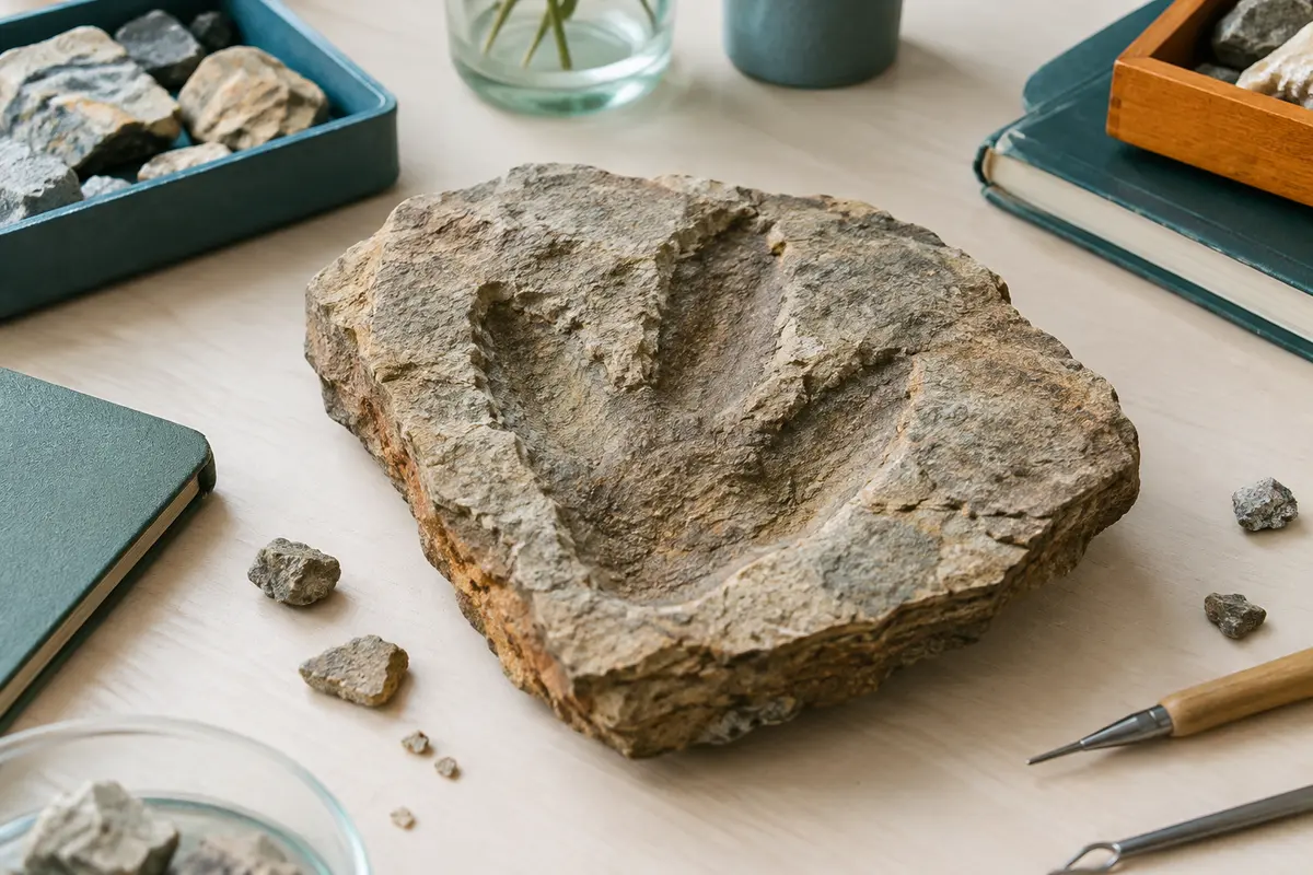 Gros plan d’une empreinte de pas fossilisée dans une roche sédimentaire aux reliefs visibles.
