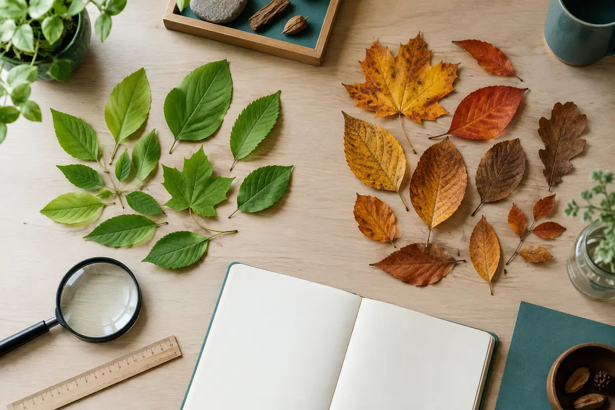 Feuilles vertes de printemps et feuilles colorées d’automne à côté d’une loupe et d’un carnet