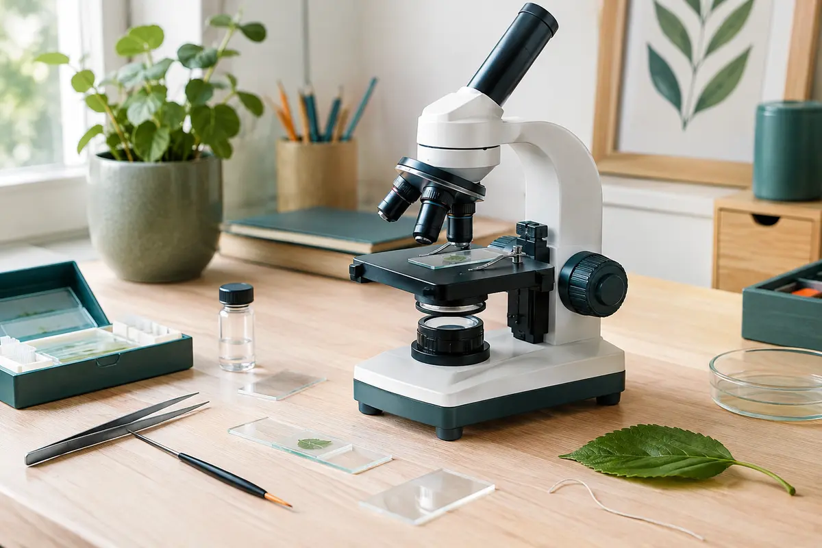 Microscope optique d’initiation près d’une lame, d’une fibre textile et d’une feuille végétale