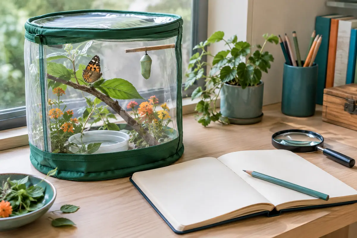 Habitat d’observation avec une chrysalide, une loupe et un carnet posé à proximité