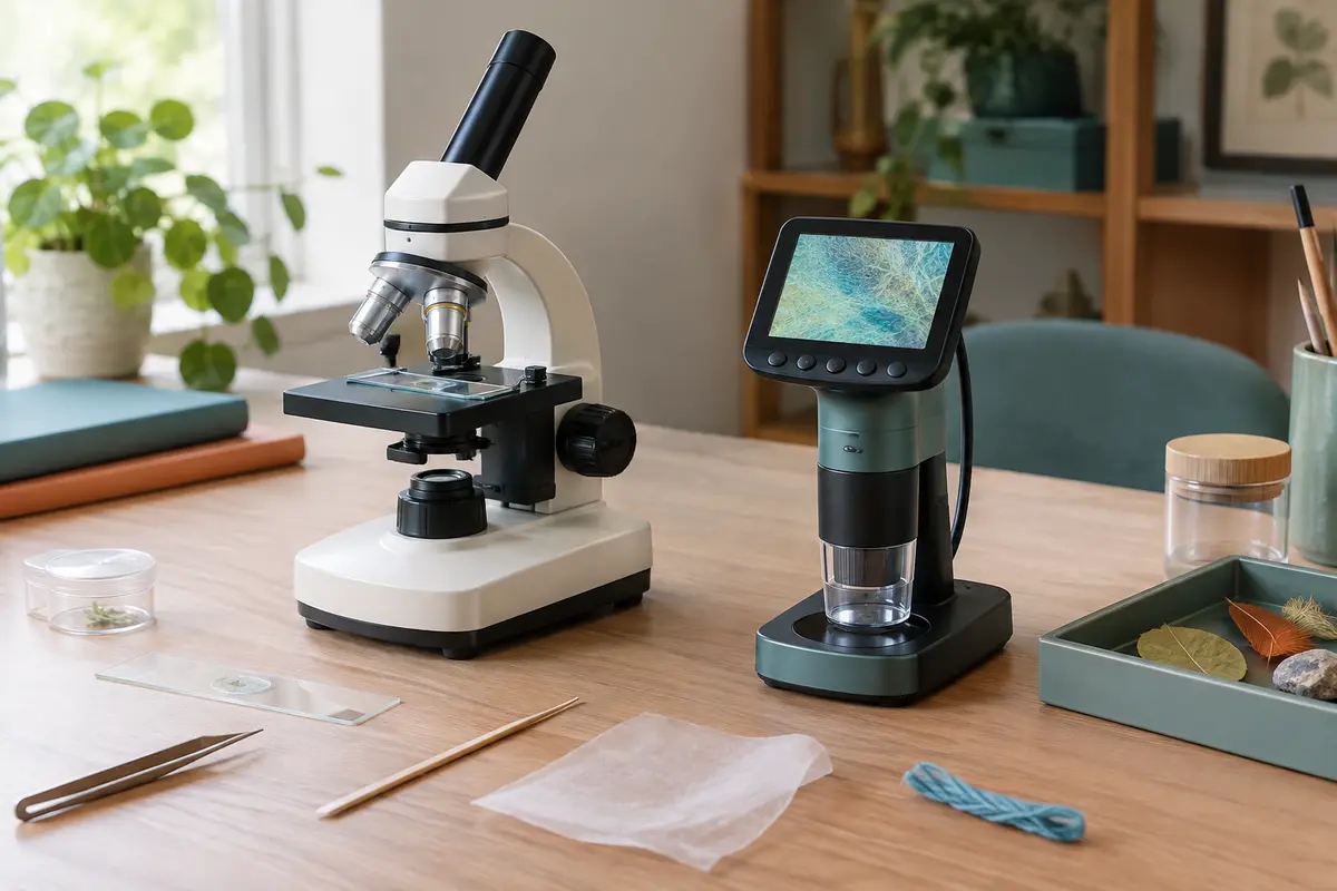Microscope optique et microscope numérique côte à côte avec une lame et des échantillons à observer