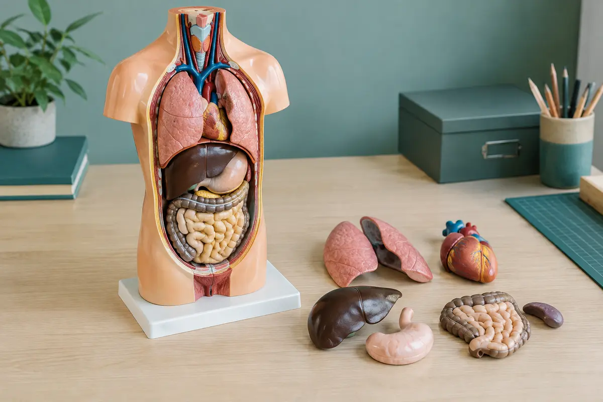 Modèle pédagogique d’anatomie démontable avec des organes du torse disposés sur une table claire