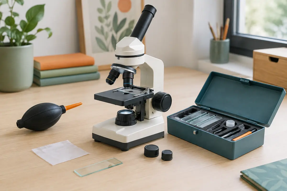 Microscope scolaire accompagné d’un soufflet manuel, de papier optique et de sa boîte de rangement