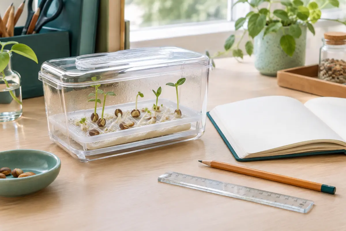 Graines en germination dans un contenant transparent, avec carnet et règle pour suivre leur évolution.