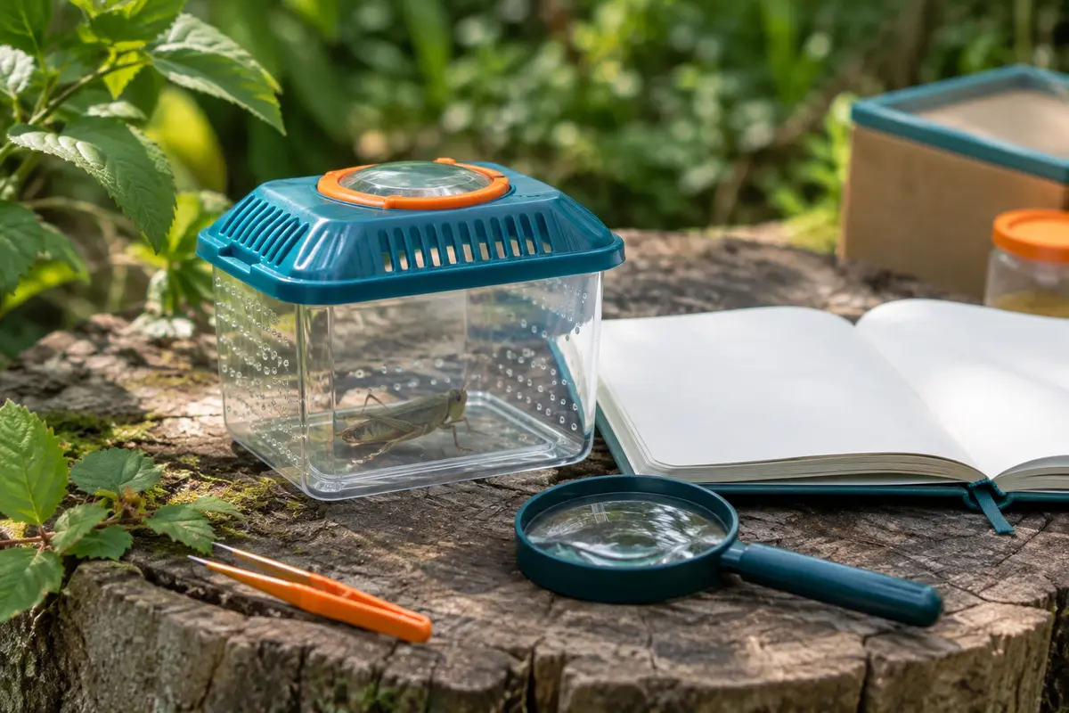 Boîte d’observation aérée avec un insecte, un carnet vierge et une loupe dans un jardin ombragé