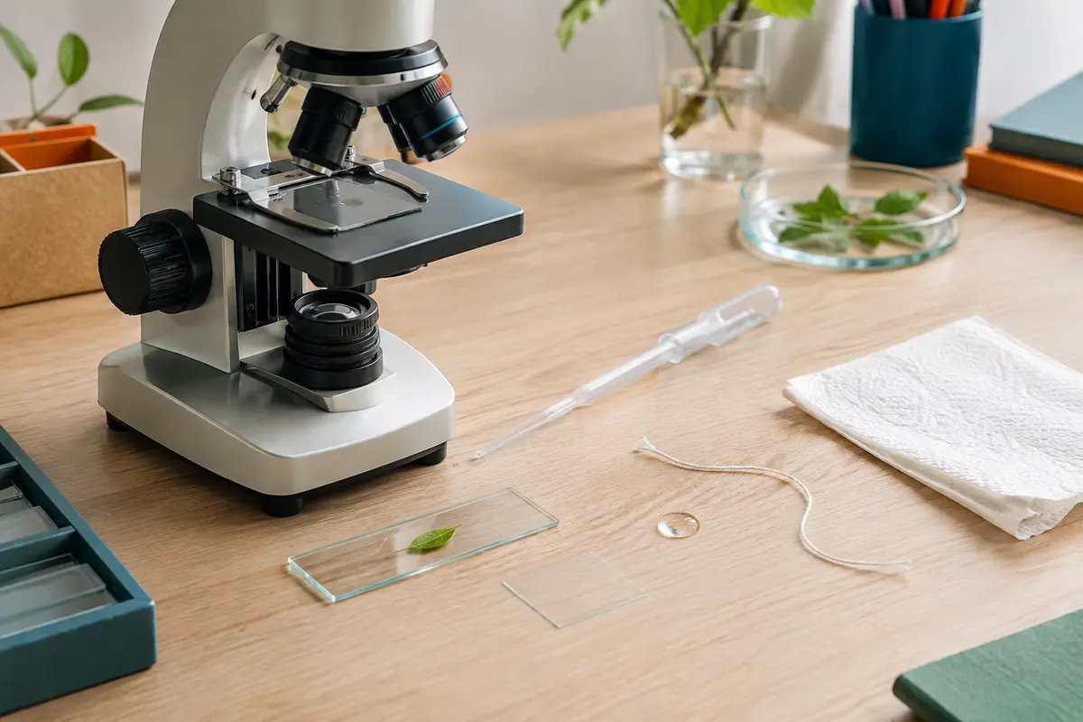 Microscope, lame avec fragment de feuille, fil textile, pipette et goutte d’eau prêts pour une observation