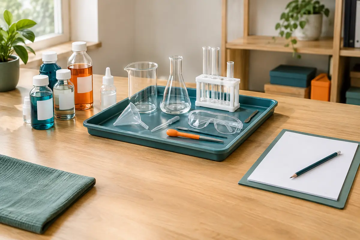 Table organisée pour une expérience de chimie, avec plateau de manipulation et fournitures scolaires séparés
