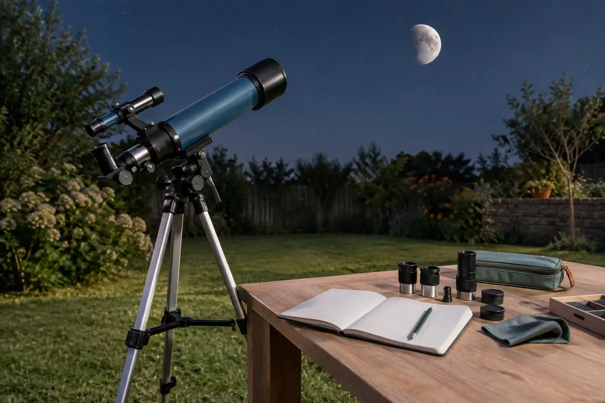 Télescope d’initiation installé dans un jardin sous une Lune partiellement éclairée, avec carnet et accessoires.