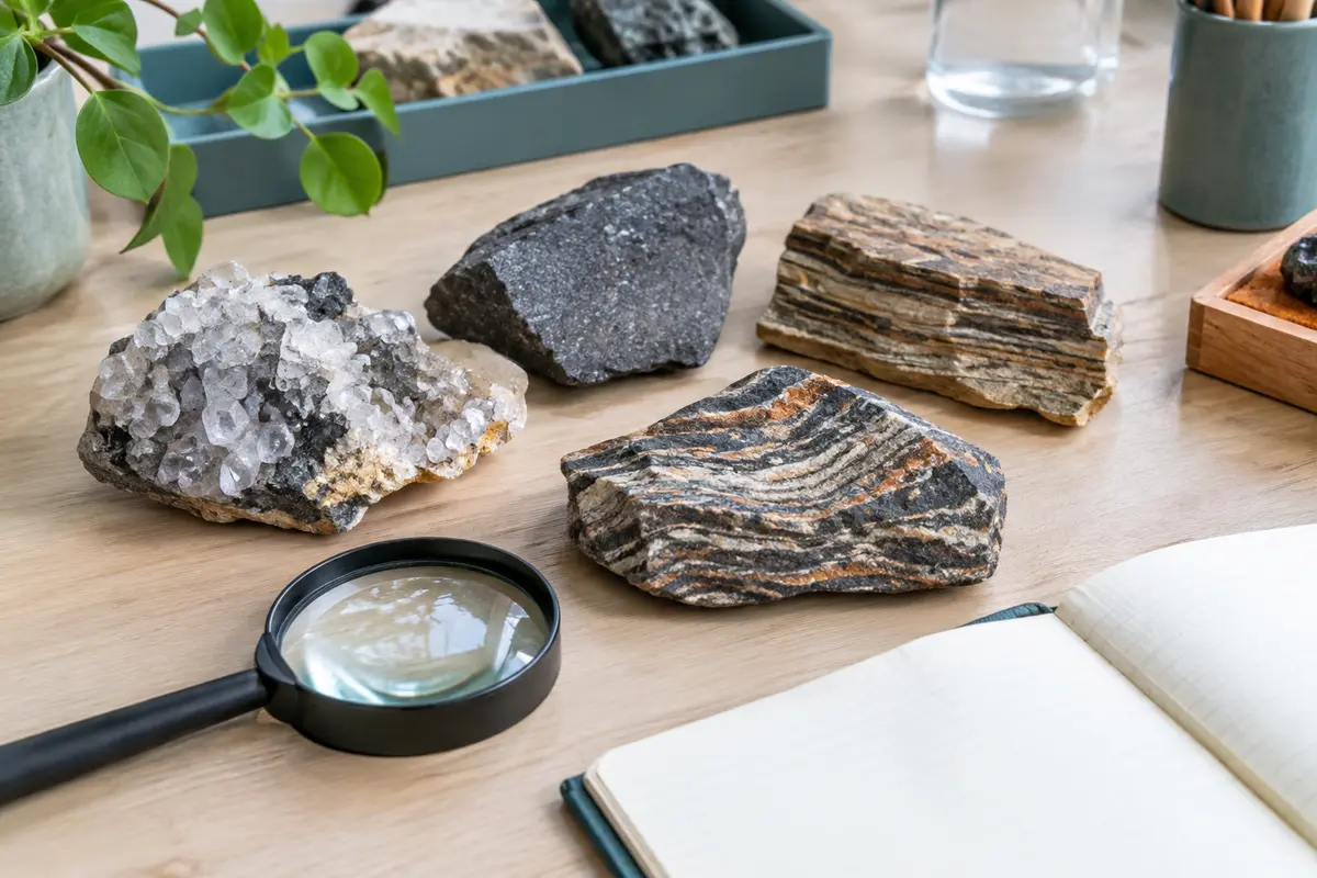 Échantillons de roches aux textures variées observés à côté d’une loupe sur une table claire