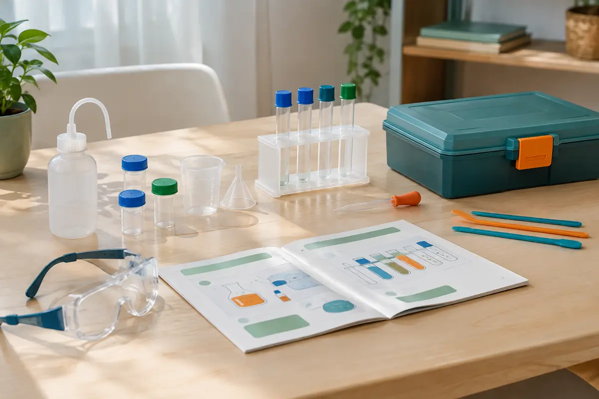 Table dégagée avec matériel de chimie éducatif, lunettes de protection et notice ouverte