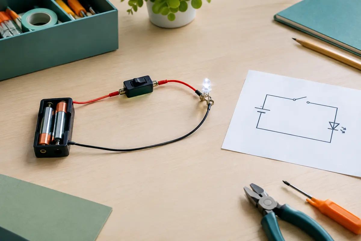 Kit de circuit électrique à basse tension et composants disposés près d’un schéma sur une table