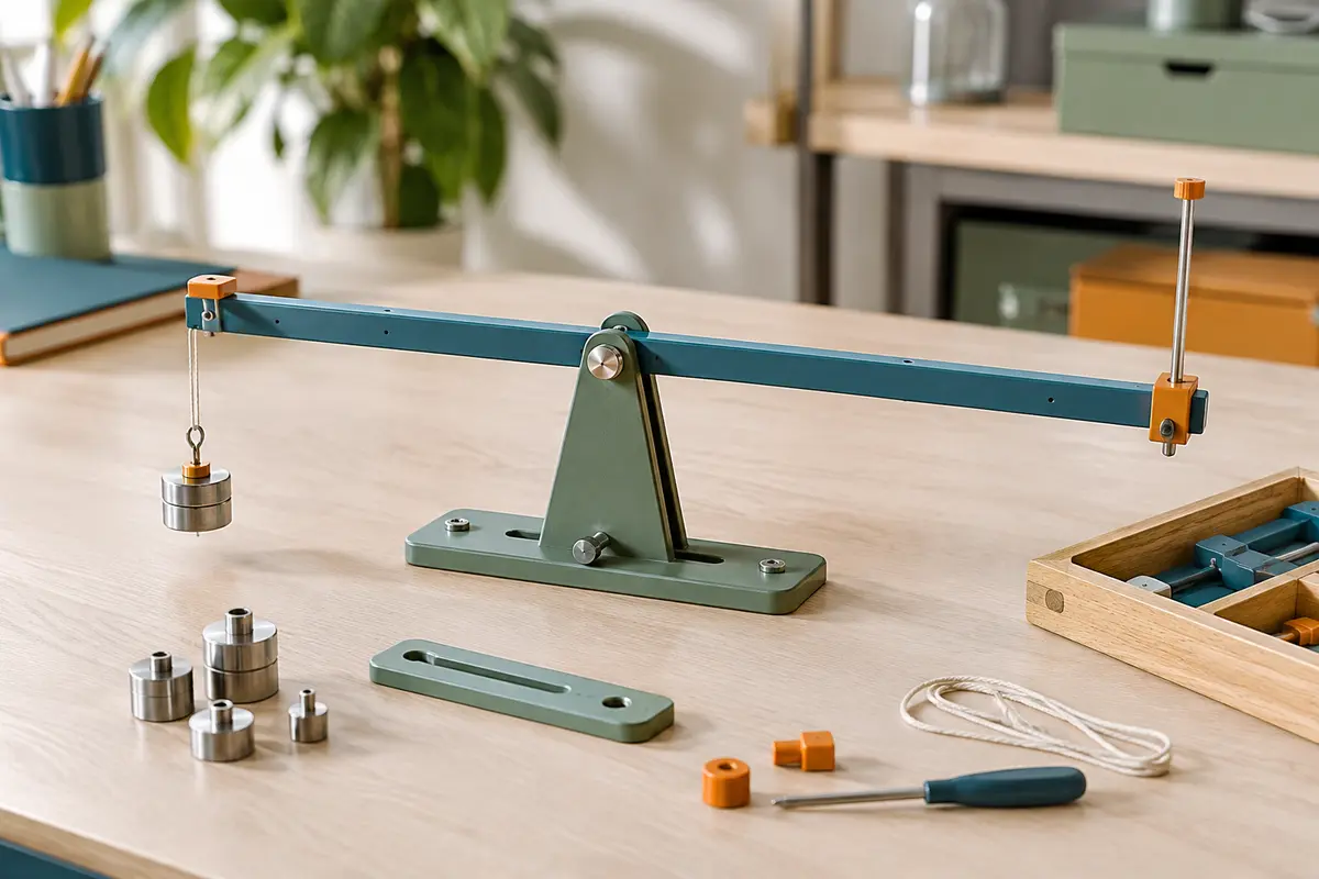 Modèle de levier sur un pivot, avec une charge suspendue et des pièces de mécanique disposées sur une table.