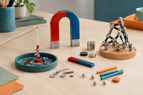 Kit de magnétisme avec aimant en fer à cheval et éléments d’expériences sur une table claire