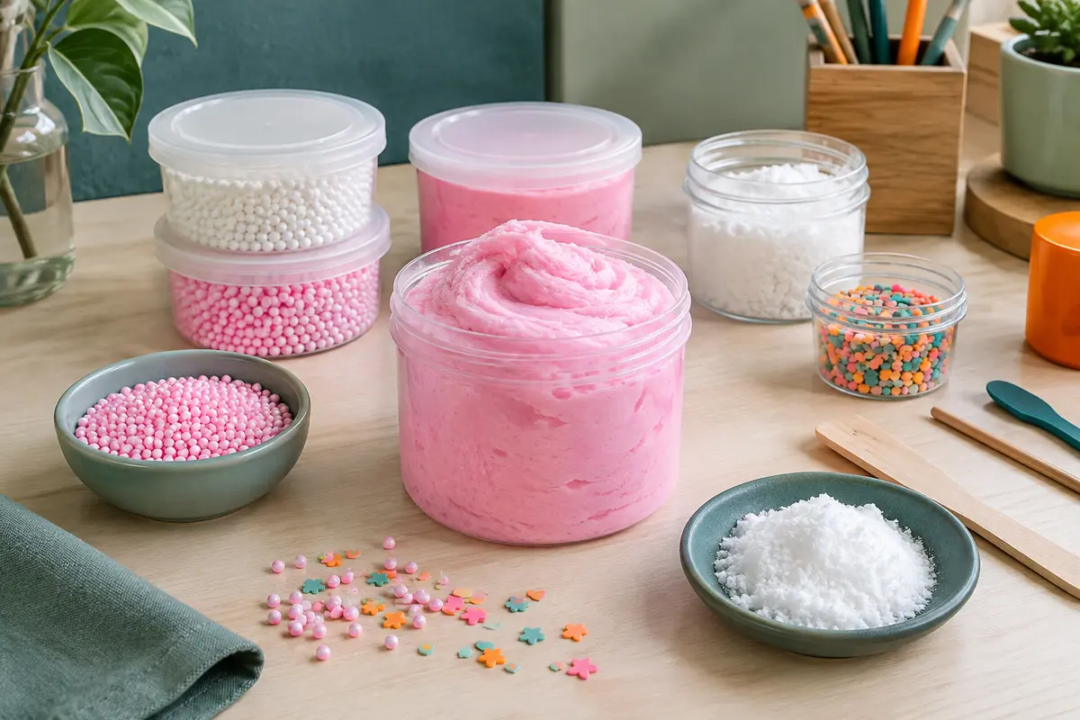 Kit de slime rose avec pots hermétiques, pâte fluffy et décorations sur une table claire.