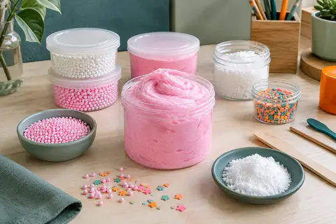 Kit de slime rose avec pots hermétiques, pâte fluffy et décorations sur une table claire.