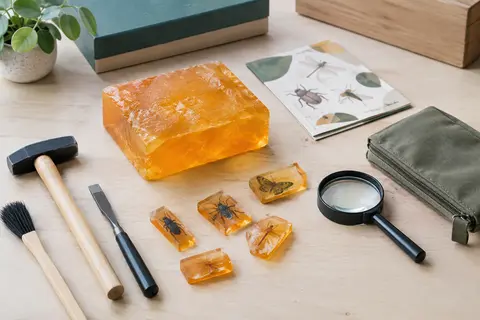 Kit de fouille avec spécimens d’insectes en résine, marteau, ciseau, brosse, loupe et pochette.