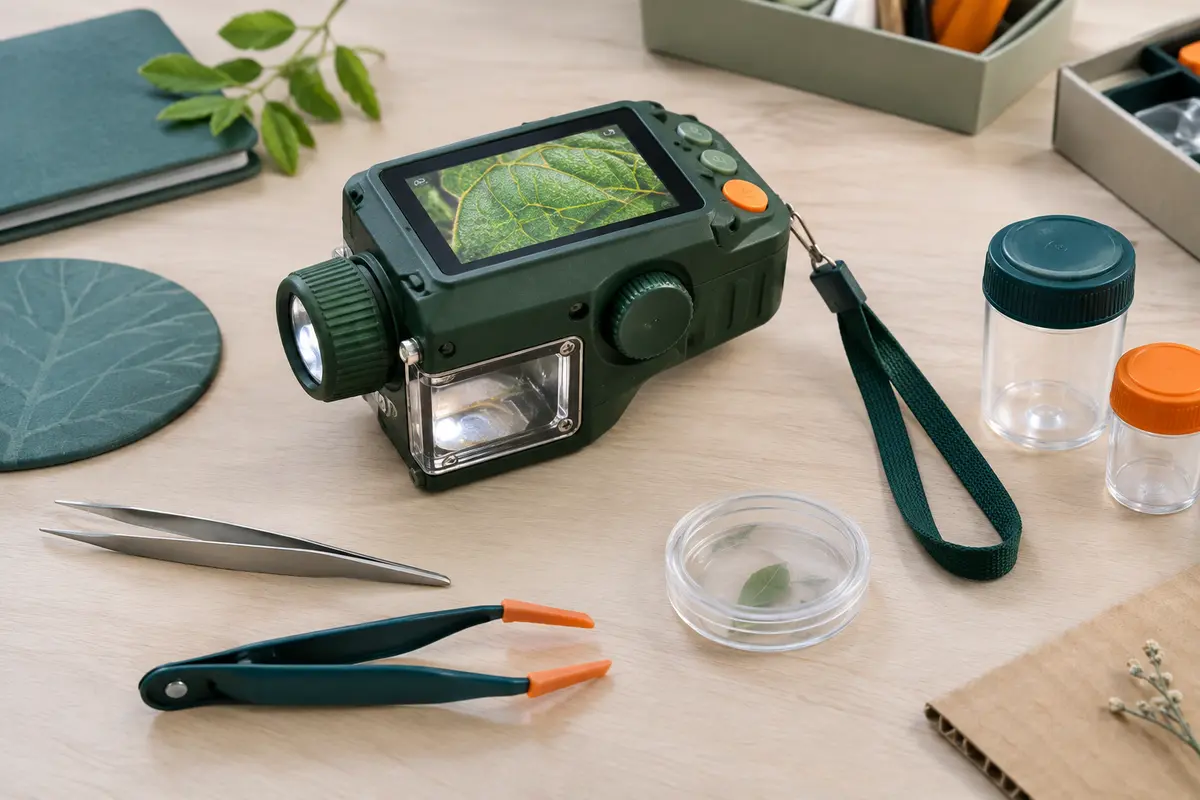 Kit d’observation des insectes avec loupe numérique, écran couleur, pinces et récipients sur une table claire