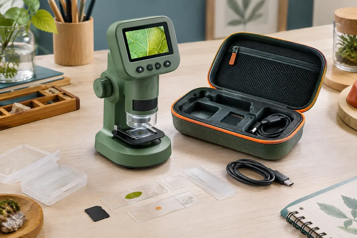 Microscope numérique vert pour enfant posé près de lames en verre et de son étui de rangement
