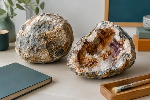 Deux géodes naturelles sur une table claire, dont une ouverte pour révéler ses cristaux, avec un guide et un pinceau.