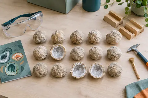 Quinze petites géodes alignées, dont trois ouvertes sur leurs cristaux blancs, avec lunettes de protection, trois supports et guide illustré