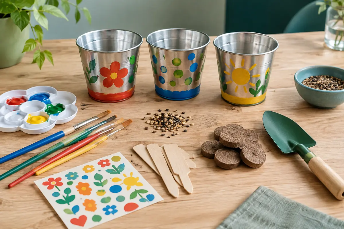 Trois pots en acier décorés avec peintures, pinceaux, graines et accessoires de jardinage pour enfants