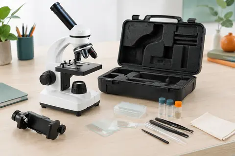 Microscope biologique blanc avec étui rigide, adaptateur pour smartphone et accessoires de préparation sur une table claire