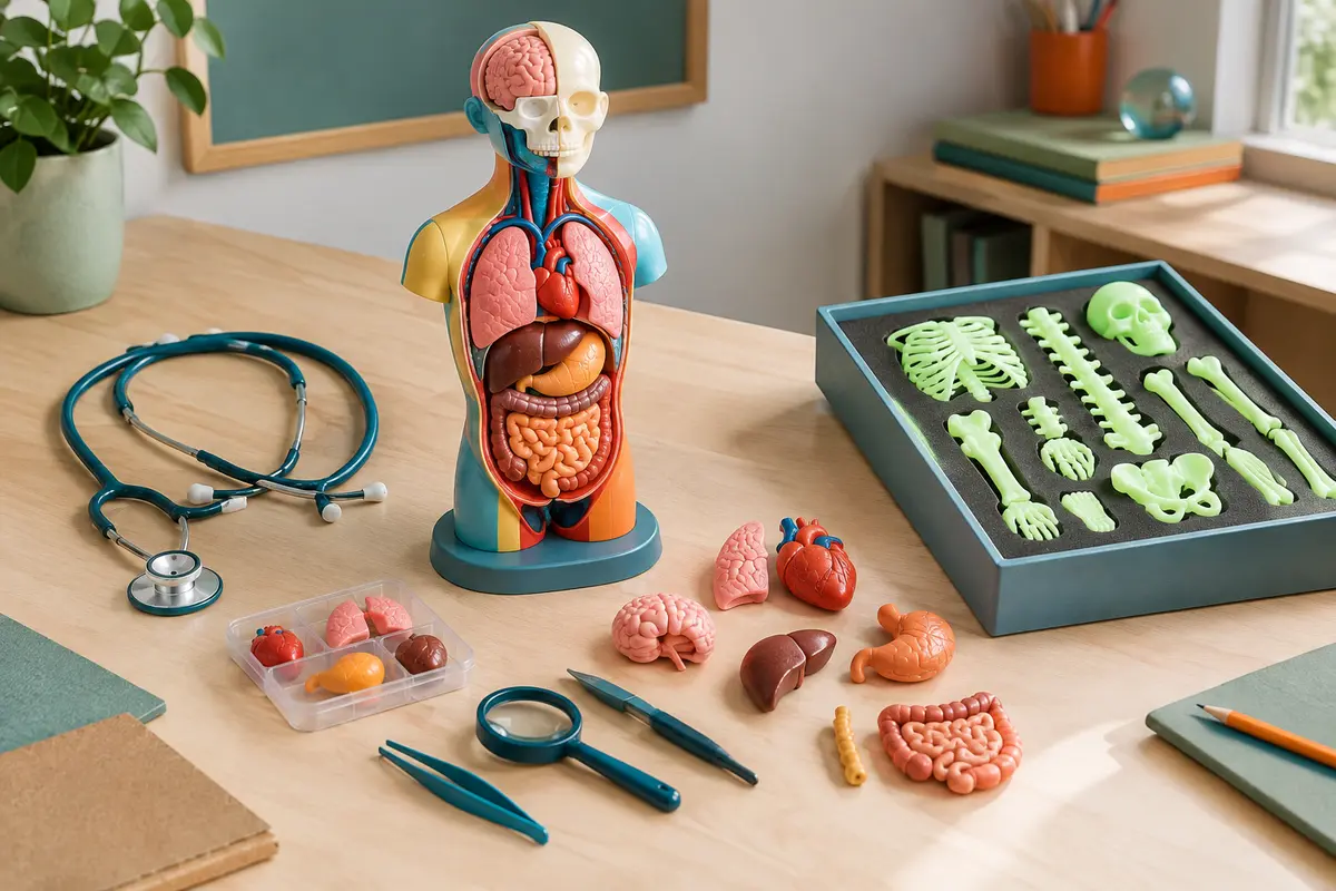 Modèle multicolore du corps humain avec organes, squelette en pièces et stéthoscope sur une table claire.