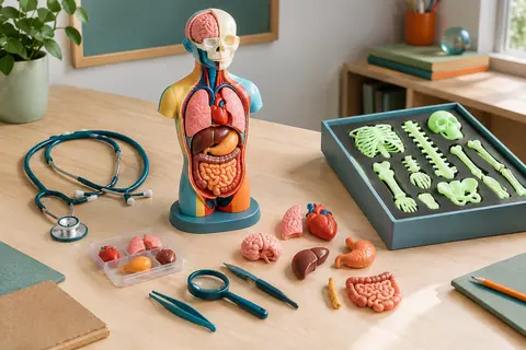 Modèle multicolore du corps humain avec organes, squelette en pièces et stéthoscope sur une table claire.