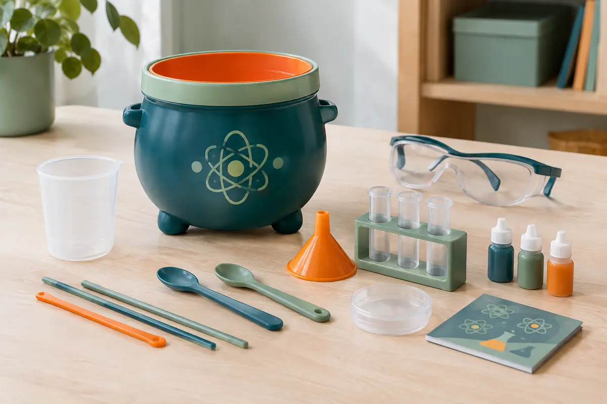 Chaudron de chimie en plastique entouré de baguettes et de petits accessoires sur une table claire.