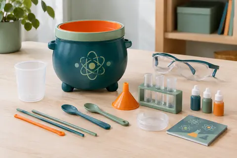 Chaudron de chimie en plastique entouré de baguettes et de petits accessoires sur une table claire.