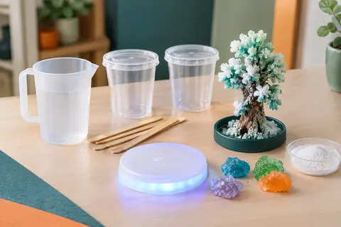 Kit de cristaux avec gobelets, accessoires de préparation, arbre cristallisé et base lumineuse