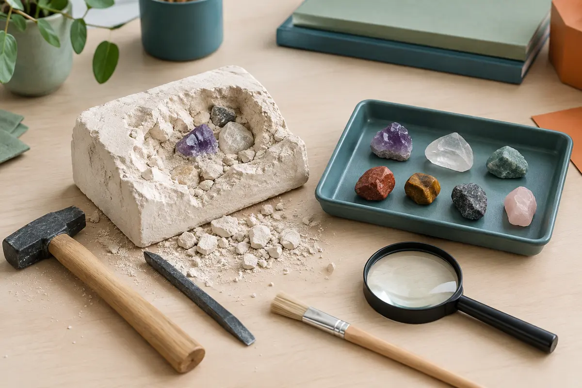 Bloc de plâtre à creuser avec outils, loupe, plateau et pierres colorées à découvrir